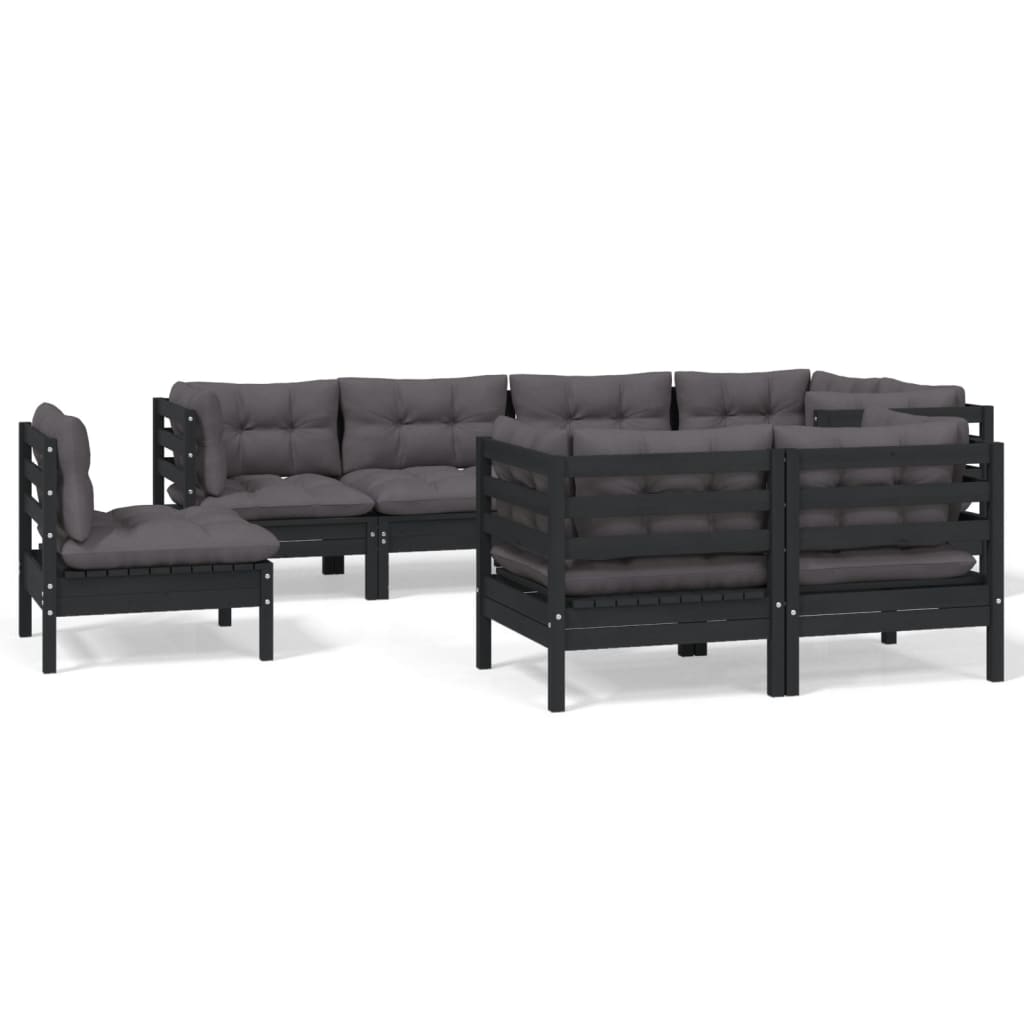 Salon de jardin 8 pcs avec coussins Noir Bois de pin massif