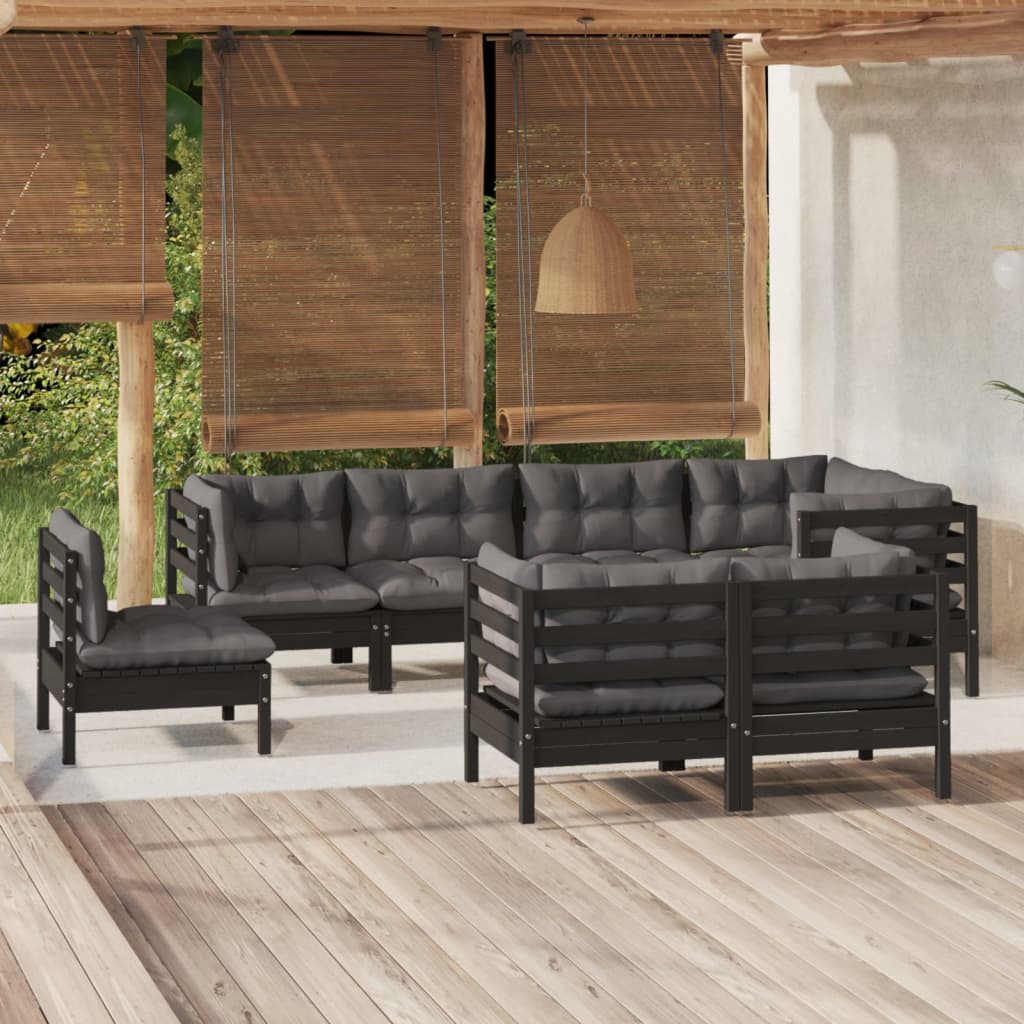 8 pcs garden furniture with black pine wood cushions