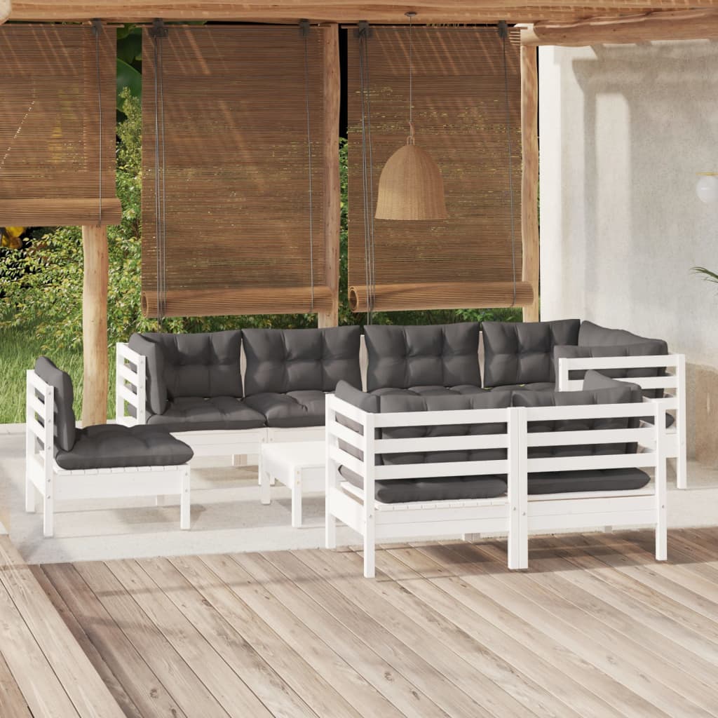 Salon de jardin 9 pcs avec coussins blanc bois de pin massif