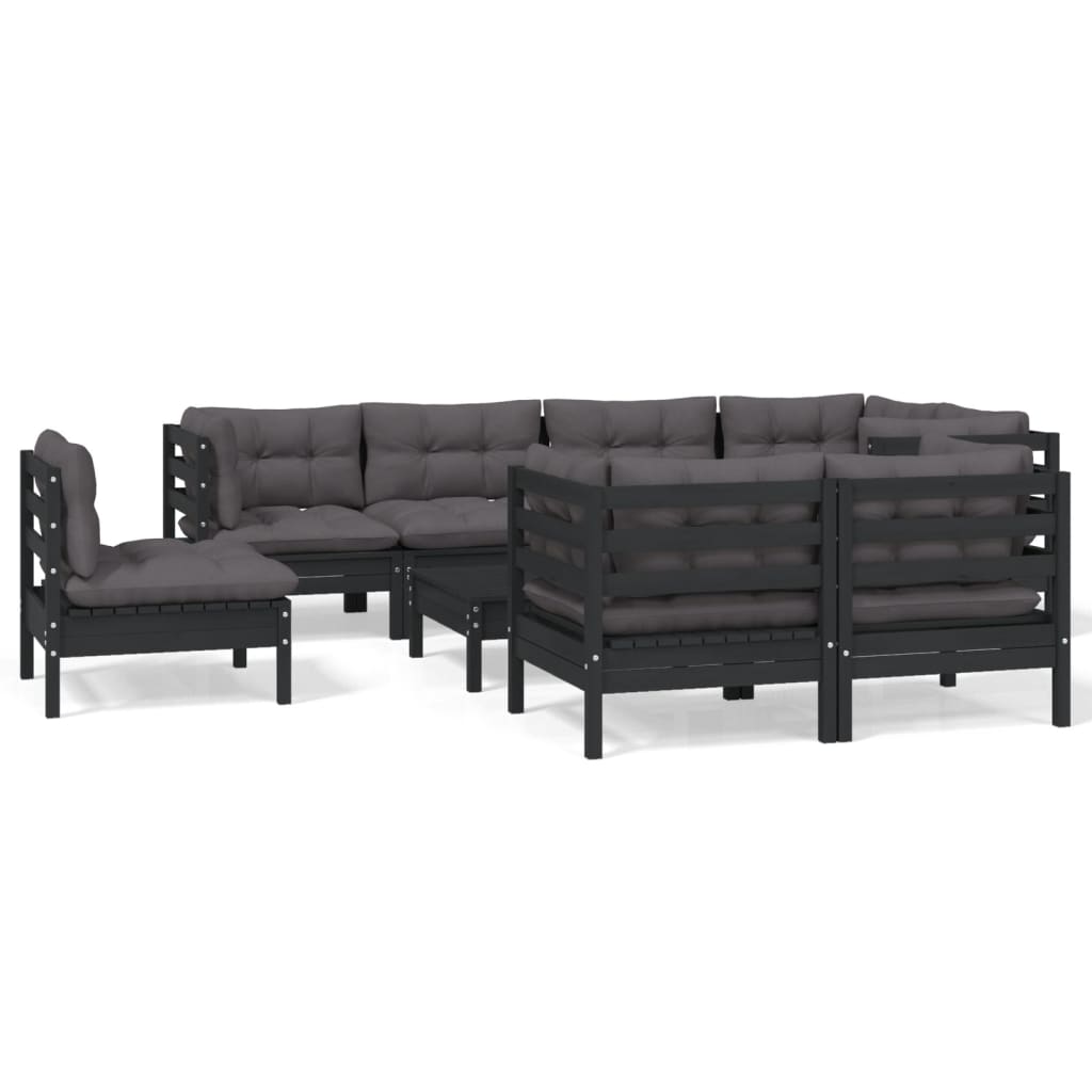 Salon de jardin 9 pcs avec coussins Noir Bois de pin massif