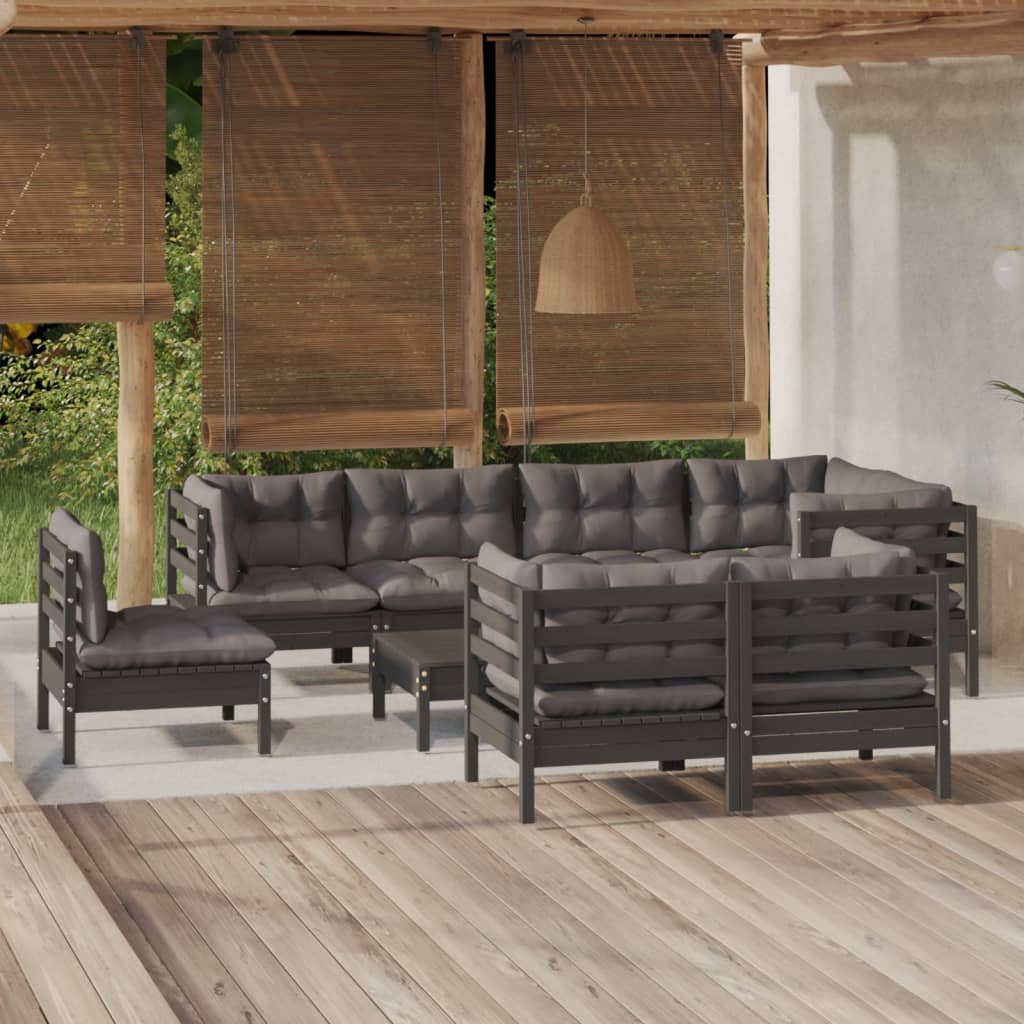 Salon de jardin 9 pcs avec coussins Noir Bois de pin massif