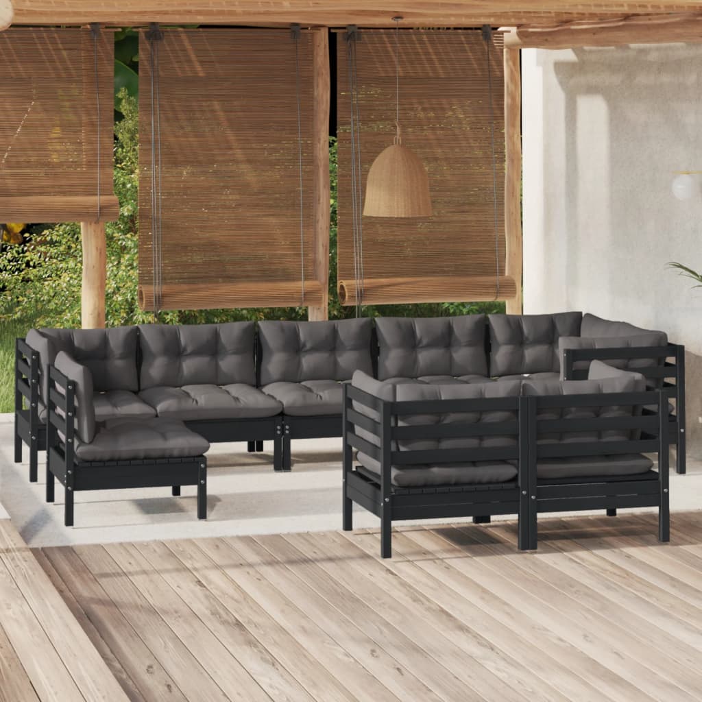 Salon de jardin 9 pcs avec coussins Noir Bois de pin massif