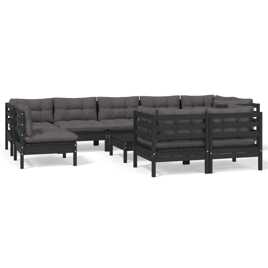 10 pcs garden furniture with black pine wood cushions