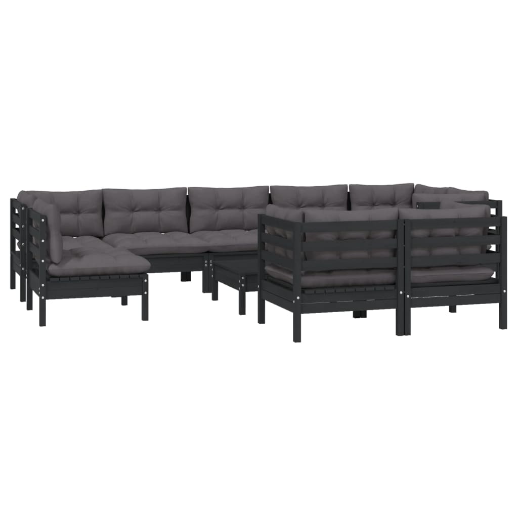 10 pcs garden furniture with black pine wood cushions