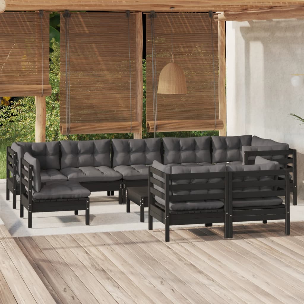 10 pcs garden furniture with black pine wood cushions