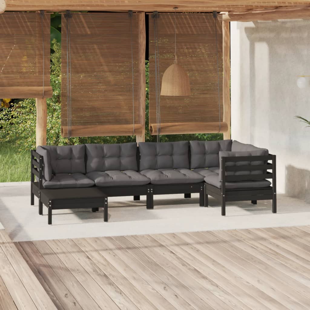 Salon de jardin 6 pcs avec coussins Noir Bois de pin massif