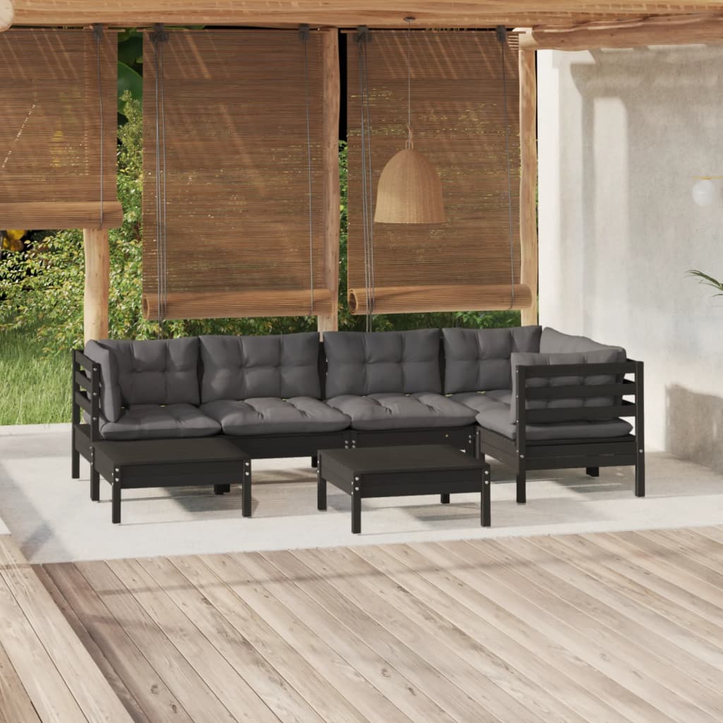 Salon de jardin 7 pcs avec coussins Noir Bois de pin massif