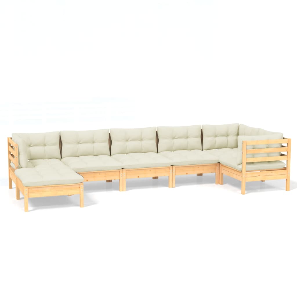 Garden furniture 7 pcs with solid wood pine cream cushions