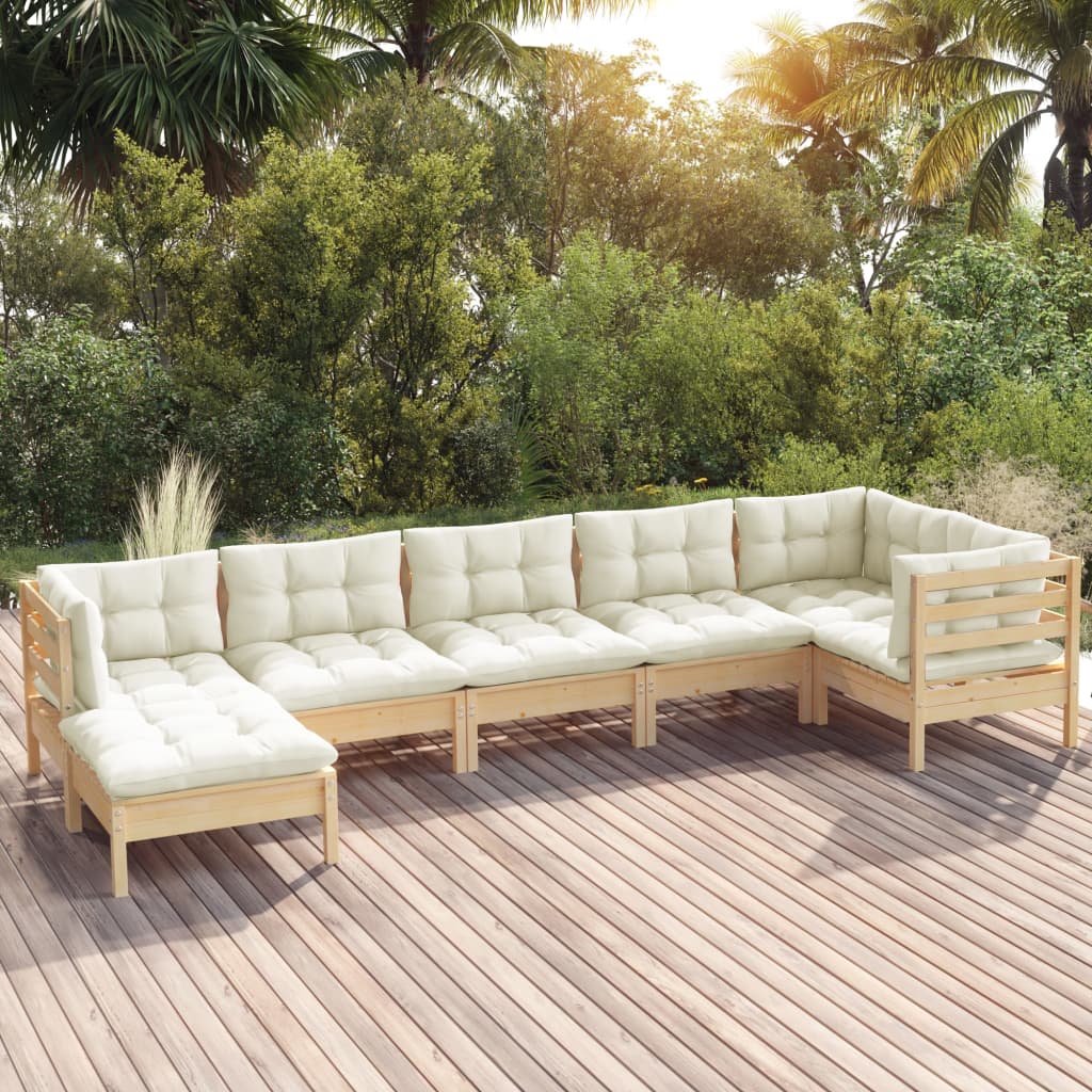 Garden furniture 7 pcs with solid wood pine cream cushions