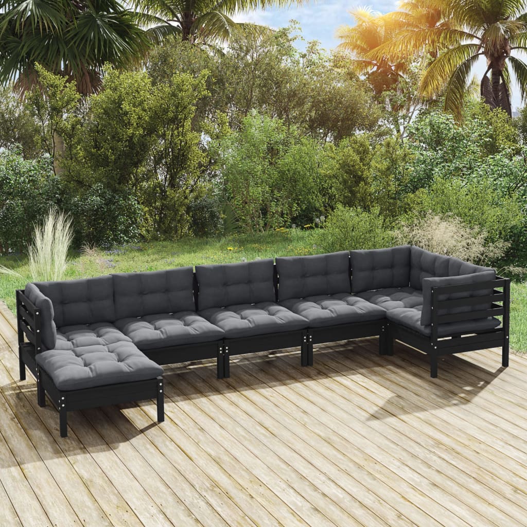 Salon de jardin 7 pcs avec coussins Noir Bois de pin solide