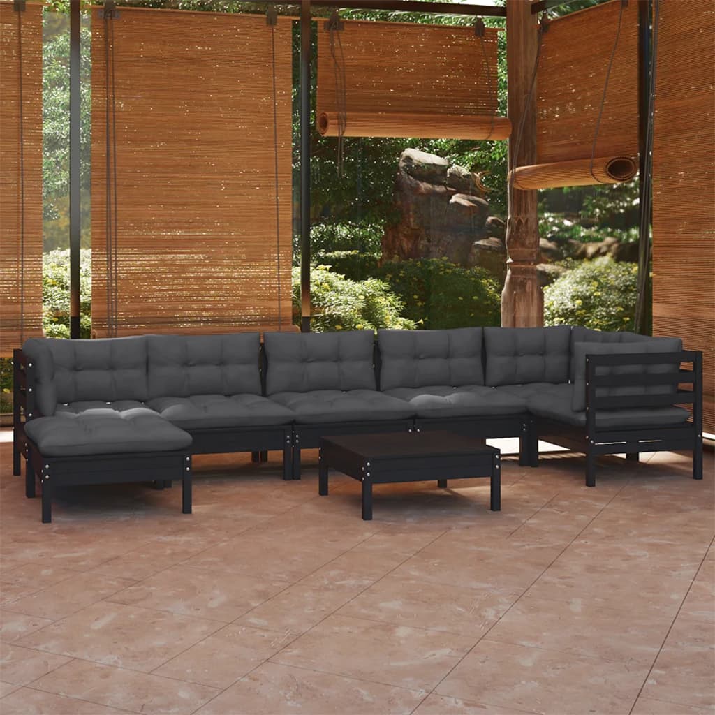 Salon de jardin 8 pcs avec coussins Noir Bois de pin solide