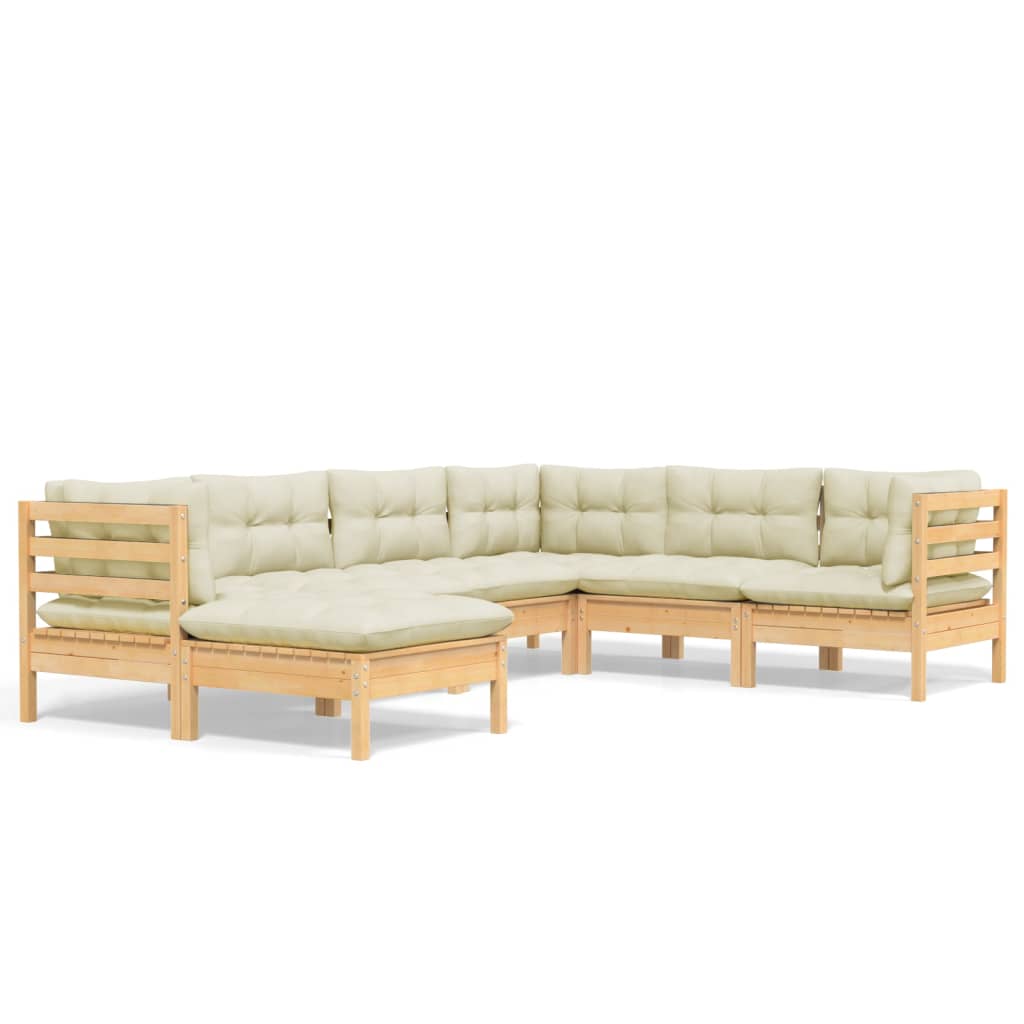 Garden furniture 7 pcs with solid wood pine cream cushions