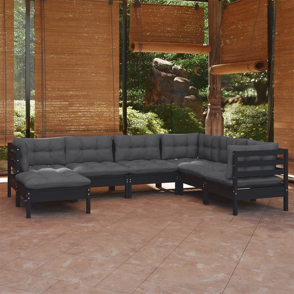 Garden furniture 7 pcs with black pine wood cushions