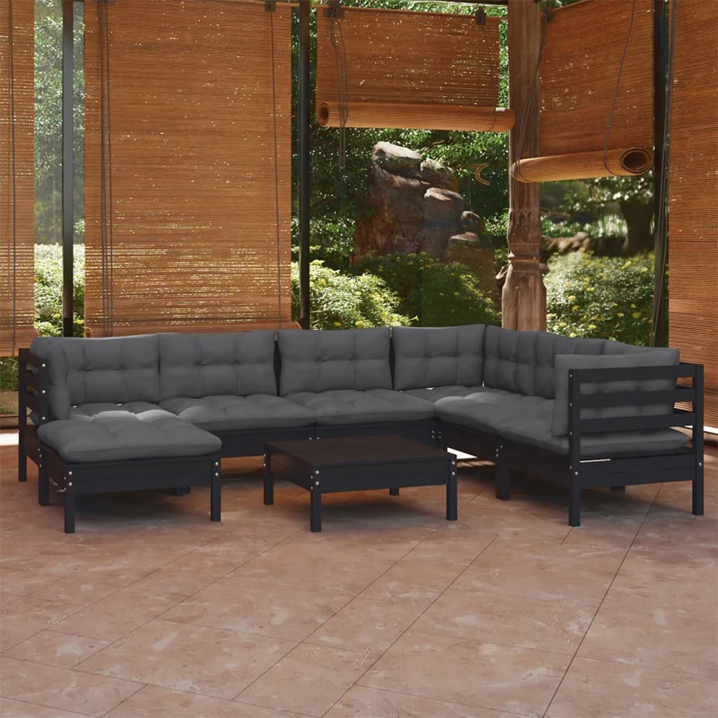 Salon de jardin 8 pcs avec coussins Noir Bois de pin solide