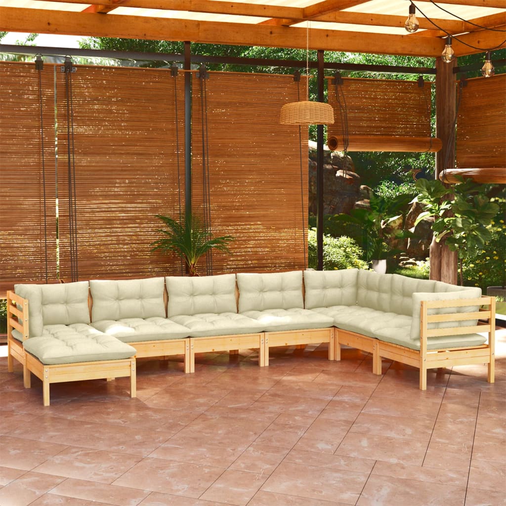 Salon de jardin 8 pcs avec coussins crème Bois de pin solide