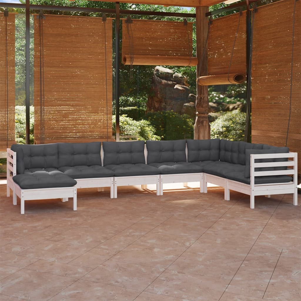 Salon de jardin 8 pcs avec coussins blanc bois de pin solide