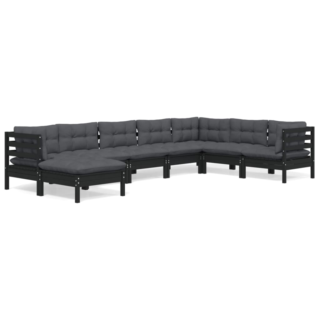 Salon de jardin 8 pcs avec coussins Noir Bois de pin solide