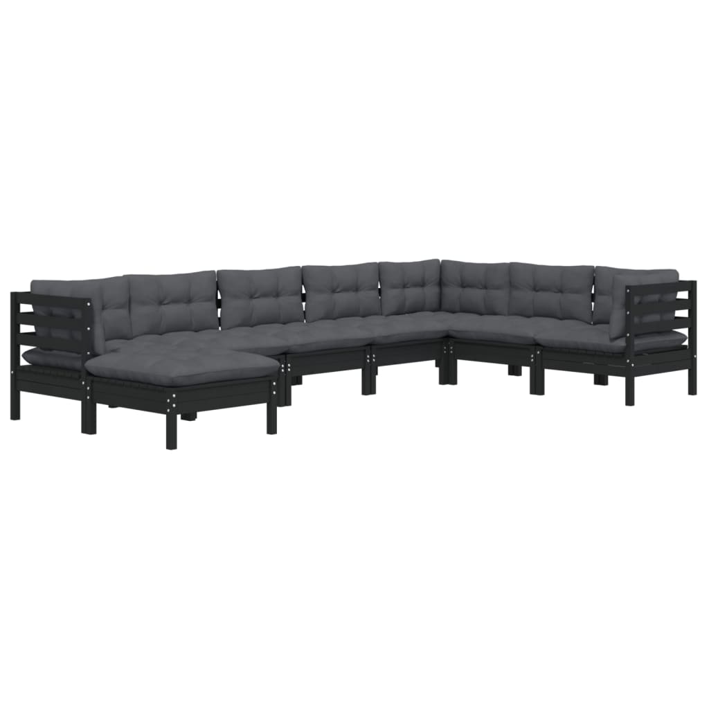 8 pcs garden furniture with black pine wood cushions