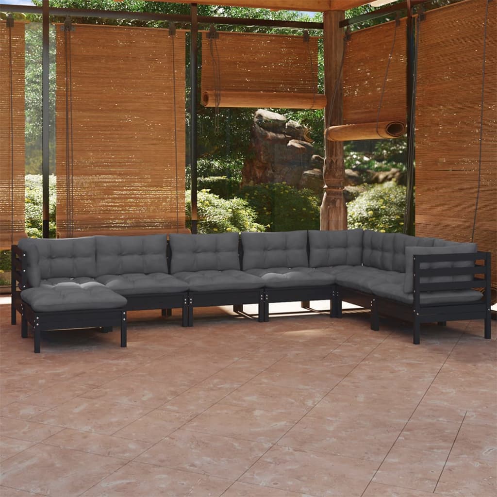 Salon de jardin 8 pcs avec coussins Noir Bois de pin solide