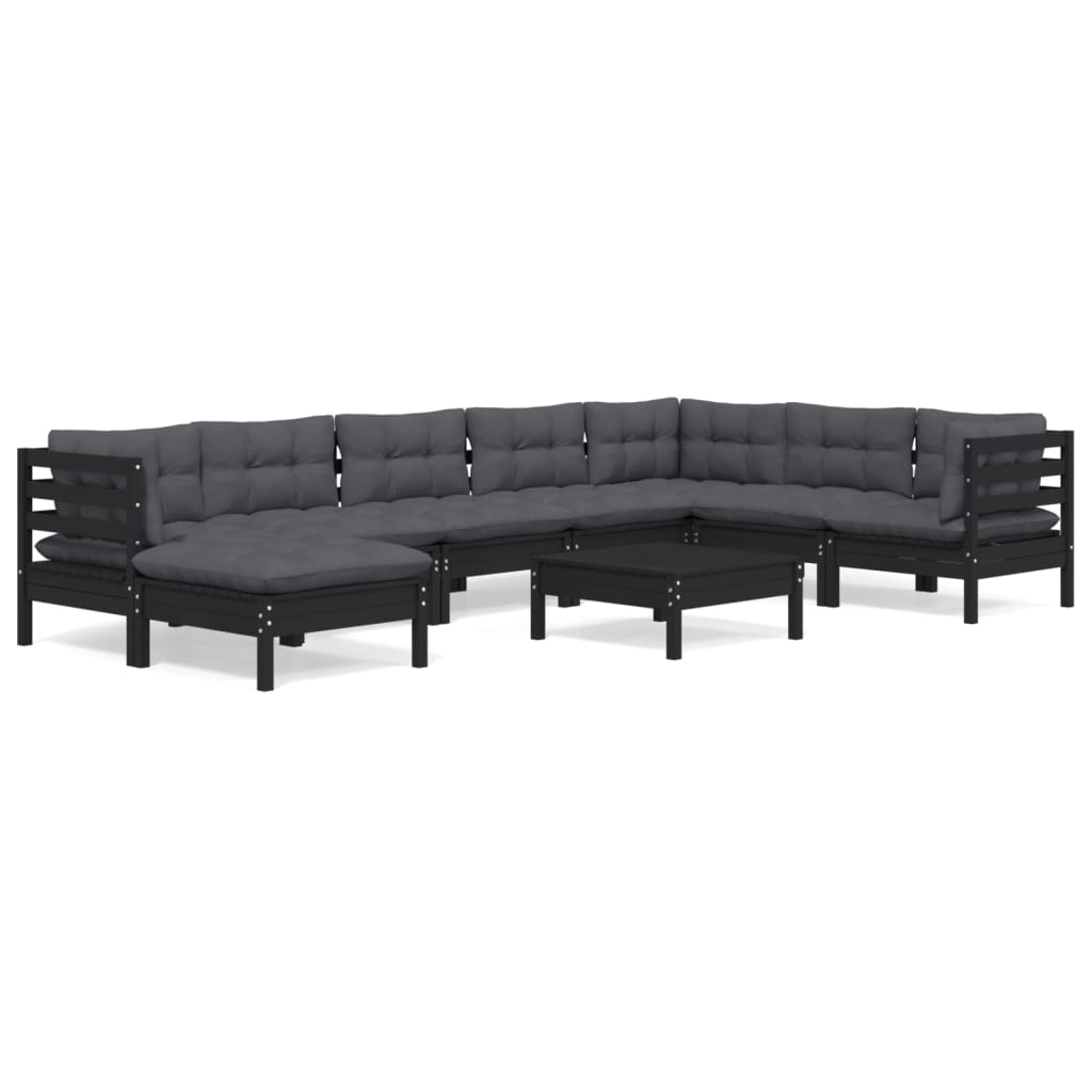 9 pcs garden furniture with black pine wood cushions