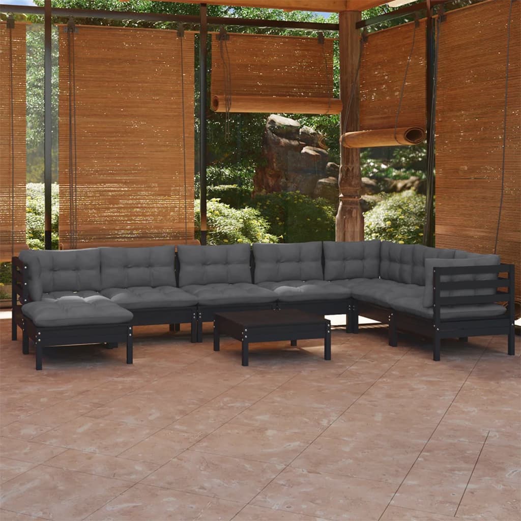 Salon de jardin 9 pcs avec coussins Noir Bois de pin solide