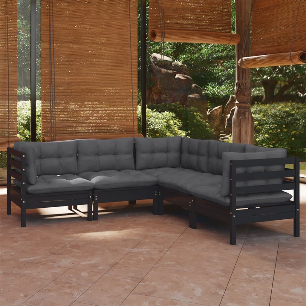 Salon de jardin 5 pcs avec coussins Noir Bois de pin solide