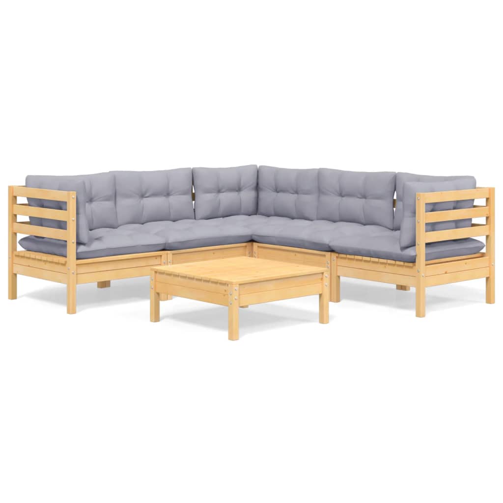 6 pcs garden furniture with solid gray pine wood cushions