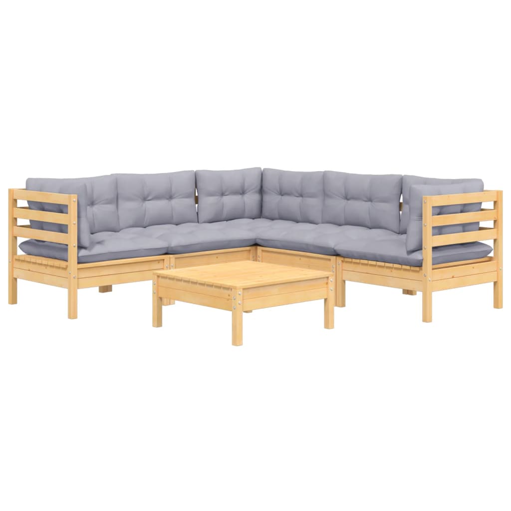 6 pcs garden furniture with solid gray pine wood cushions