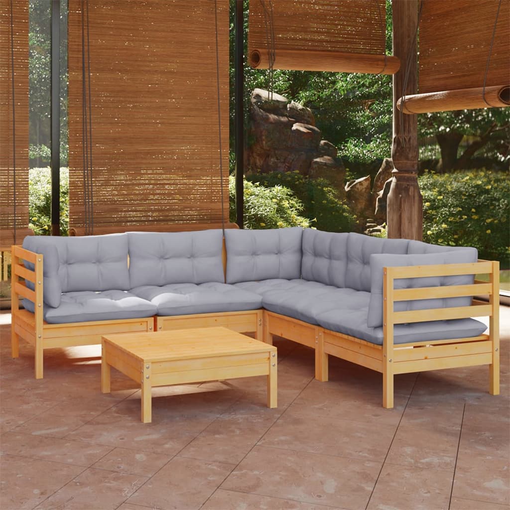 6 pcs garden furniture with solid gray pine wood cushions