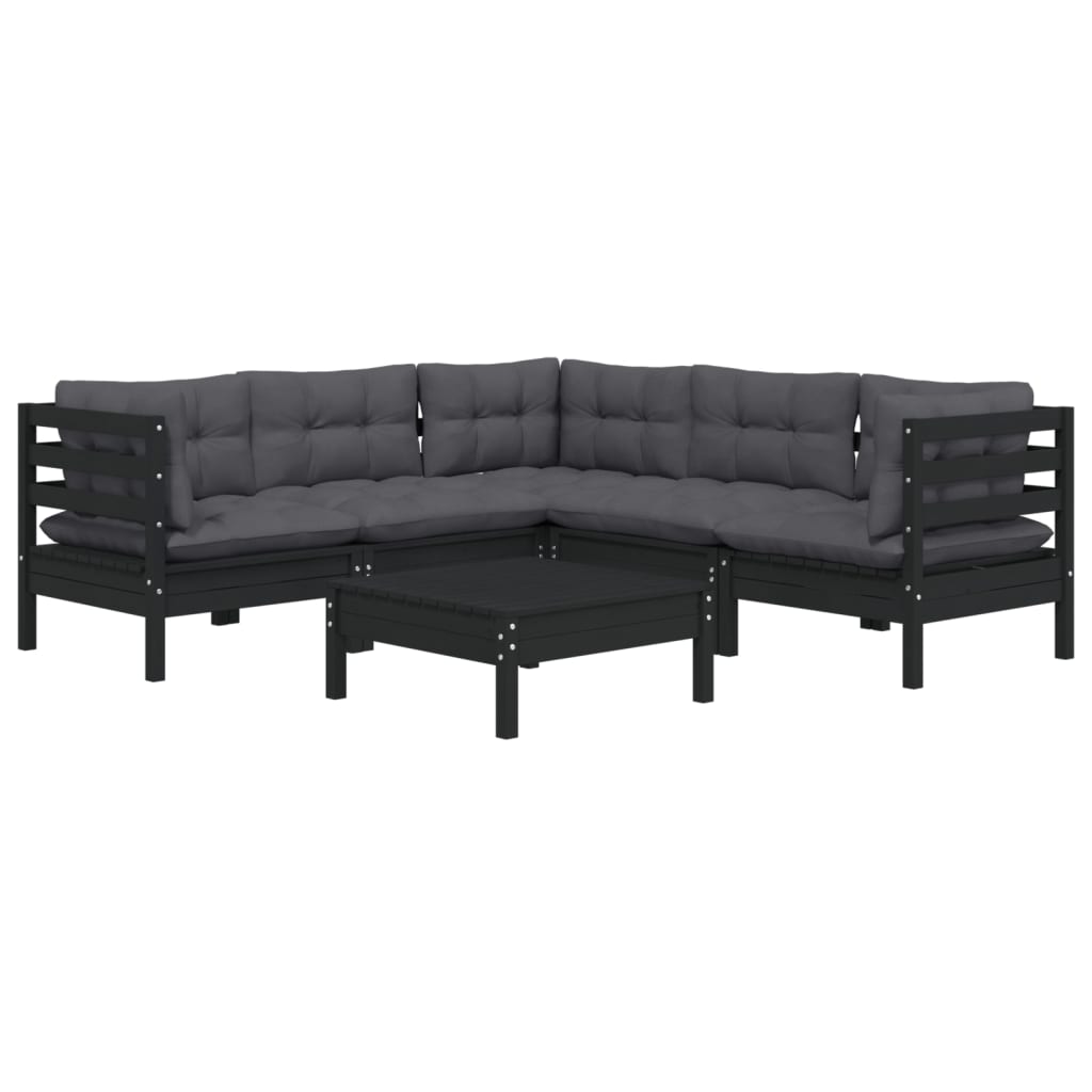 6 pcs garden furniture with black pine wood cushions