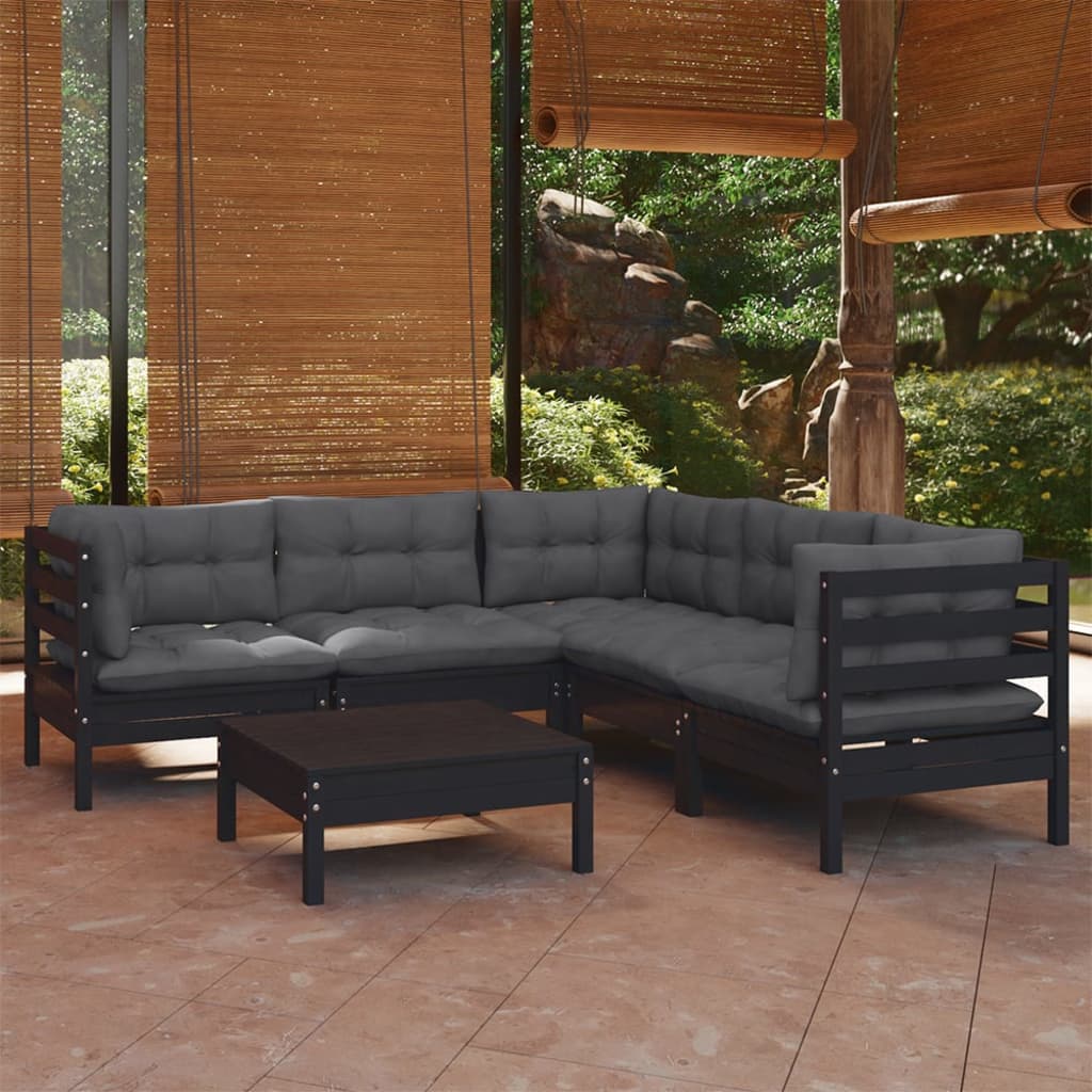 Salon de jardin 6 pcs avec coussins Noir Bois de pin solide