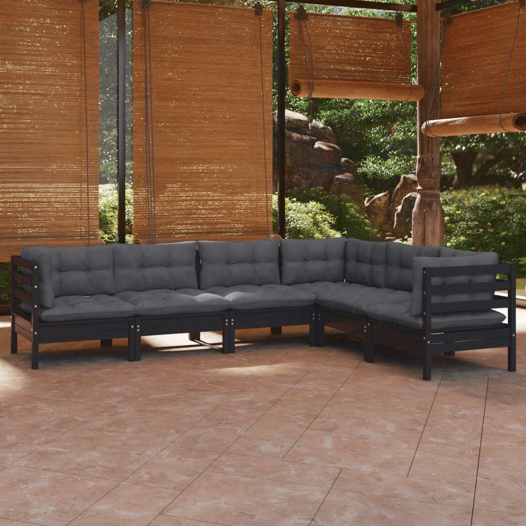 Salon de jardin 6 pcs avec coussins Noir Bois de pin solide