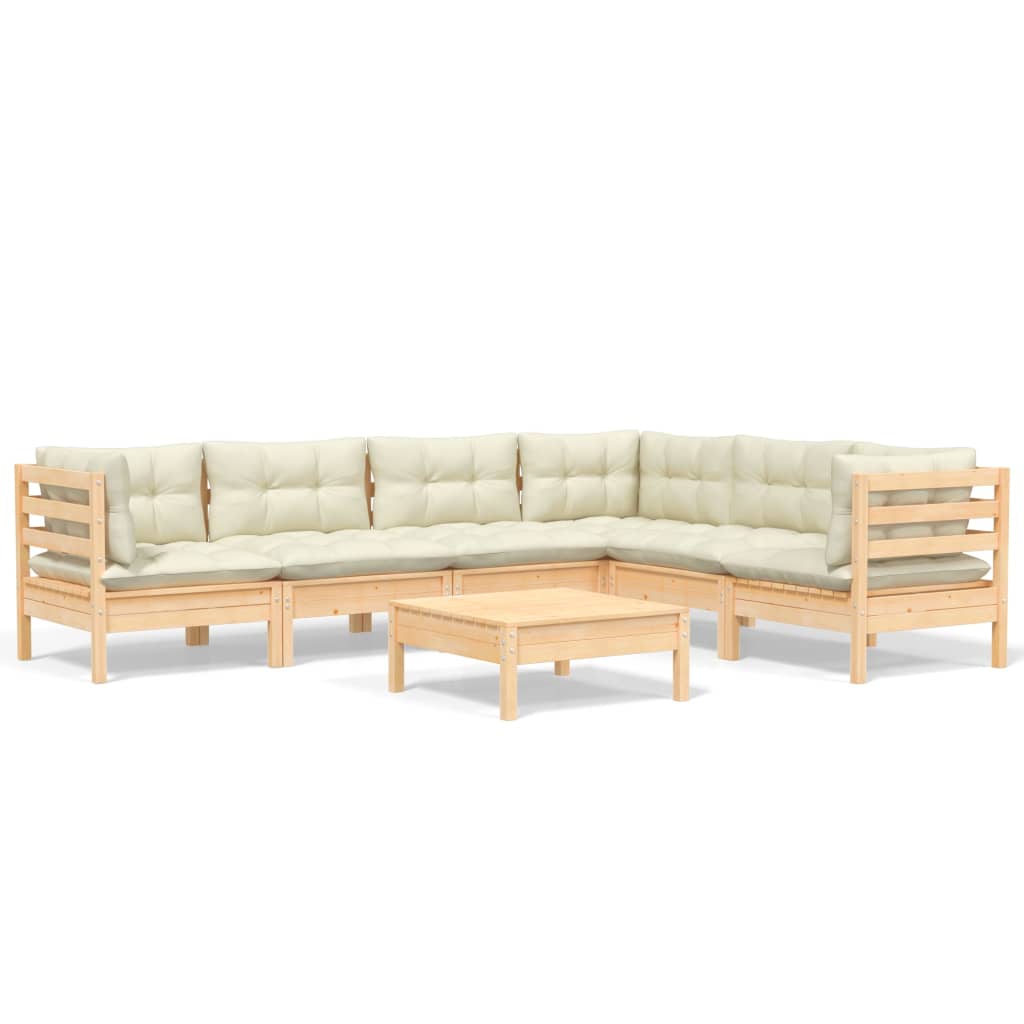 Garden furniture 7 pcs with solid wood pine cream cushions