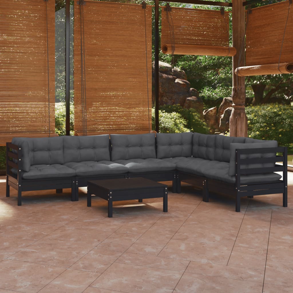 Salon de jardin 7 pcs avec coussins Noir Bois de pin solide