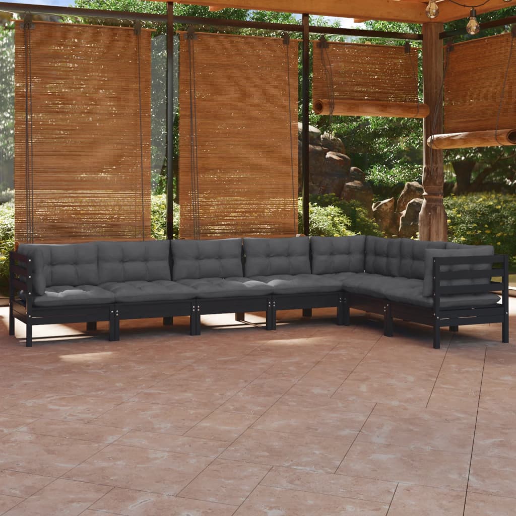 Salon de jardin 7 pcs avec coussins Noir Bois de pin solide