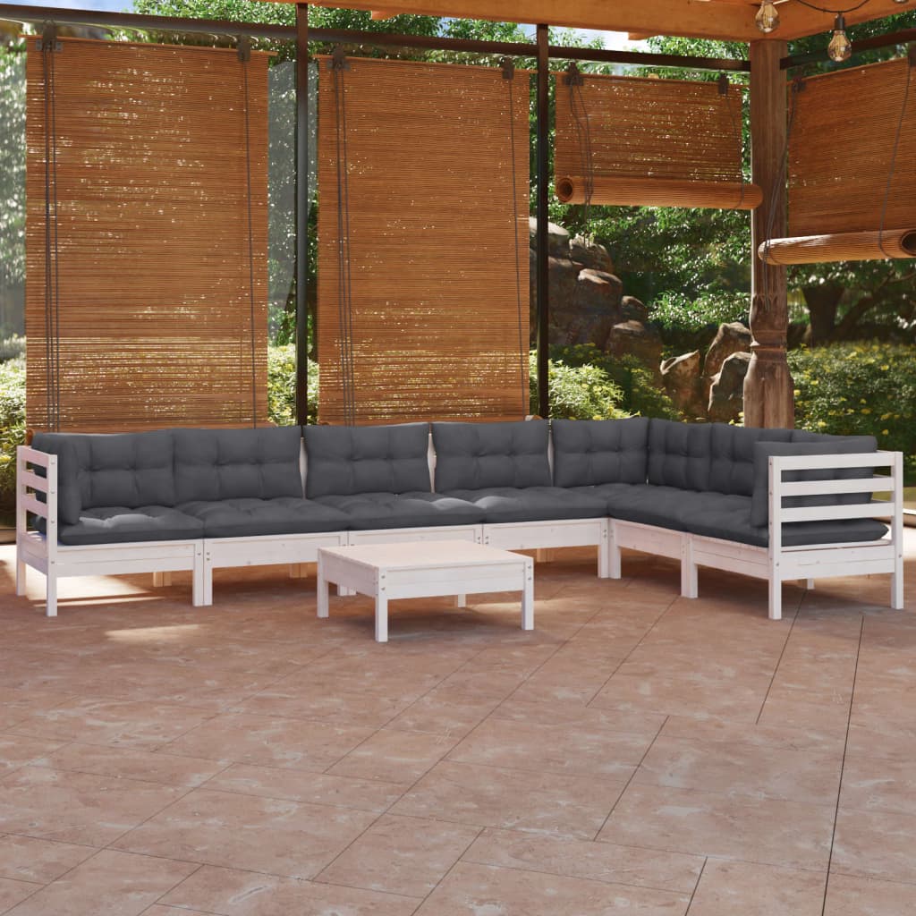 Salon de jardin 8 pcs avec coussins blanc bois de pin solide