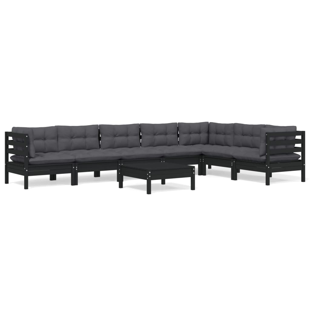 8 pcs garden furniture with black pine wood cushions