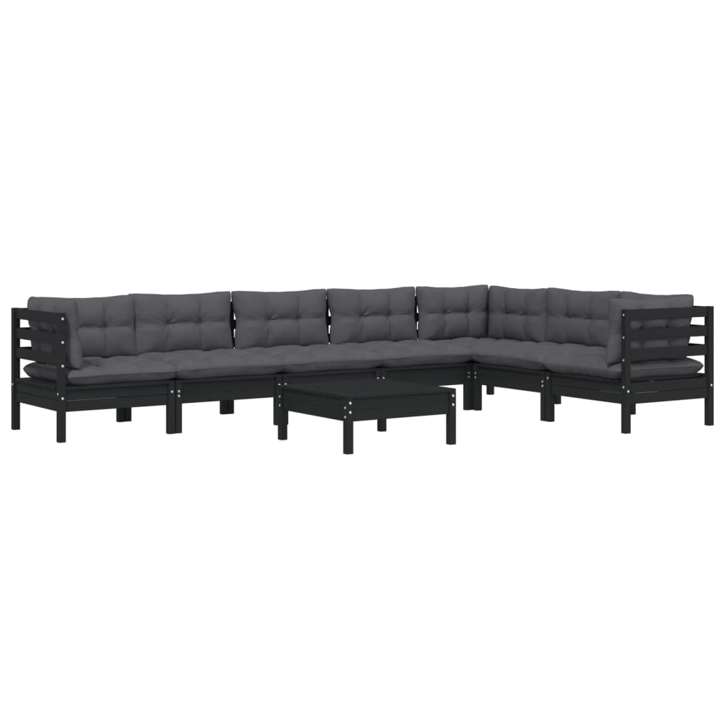 8 pcs garden furniture with black pine wood cushions