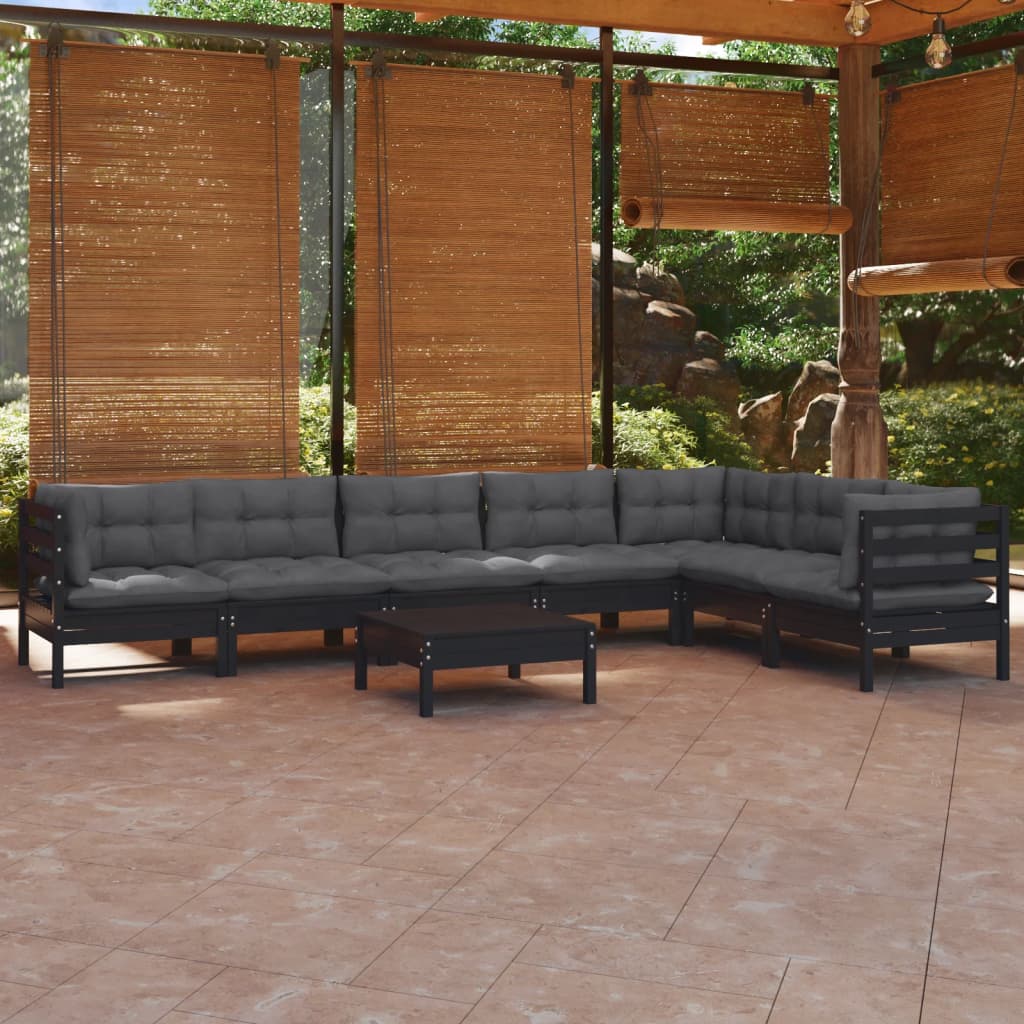 8 pcs garden furniture with black pine wood cushions