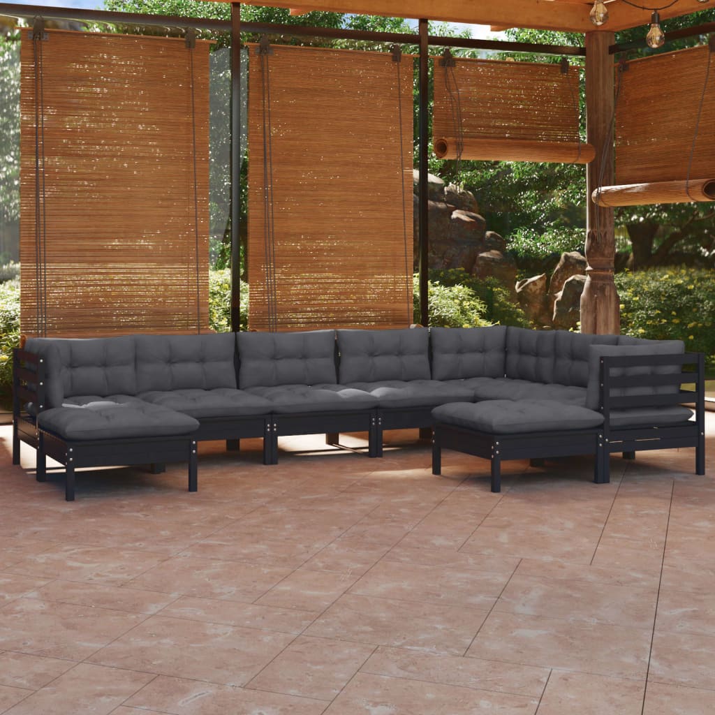 Salon de jardin 9 pcs avec coussins Noir Bois de pin solide