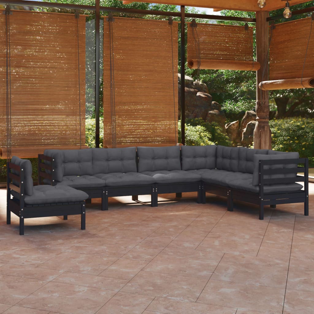 Salon de jardin 7 pcs avec coussins Noir Bois de pin solide