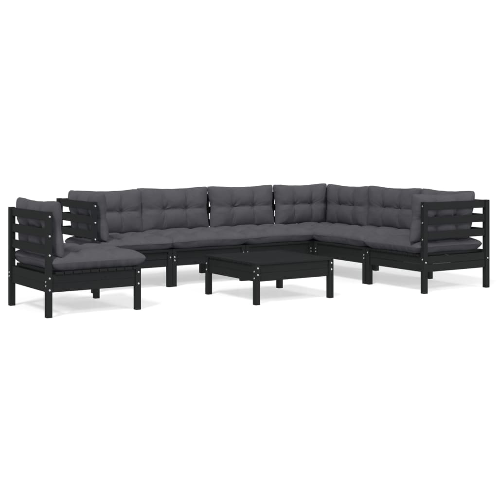 8 pcs garden furniture with black pine wood cushions