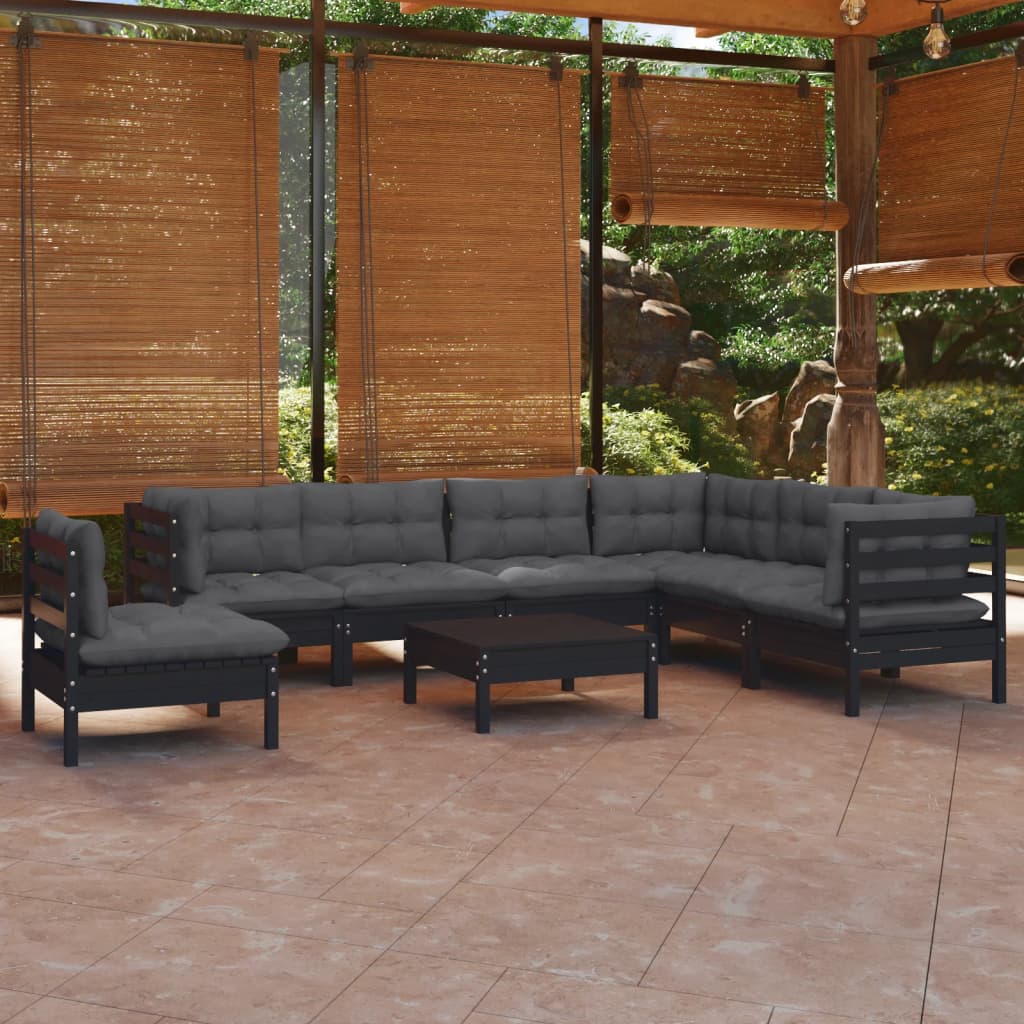 Salon de jardin 8 pcs avec coussins Noir Bois de pin solide