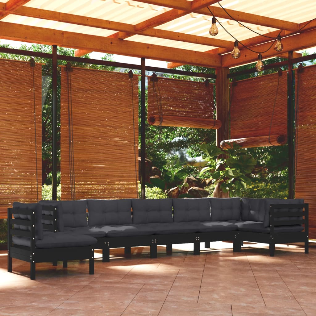 Salon de jardin 8 pcs avec coussins Noir Bois de pin solide