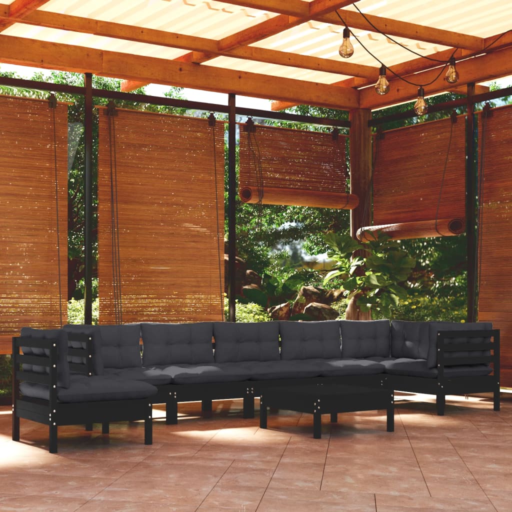 Salon de jardin 9 pcs avec coussins Noir Bois de pin solide