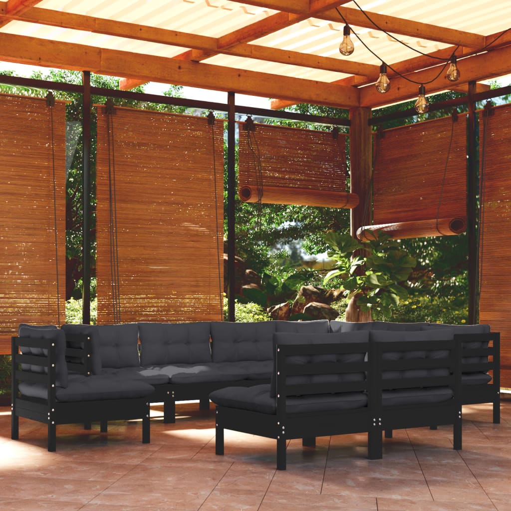 Salon de jardin 9 pcs avec coussins Noir Bois de pin solide