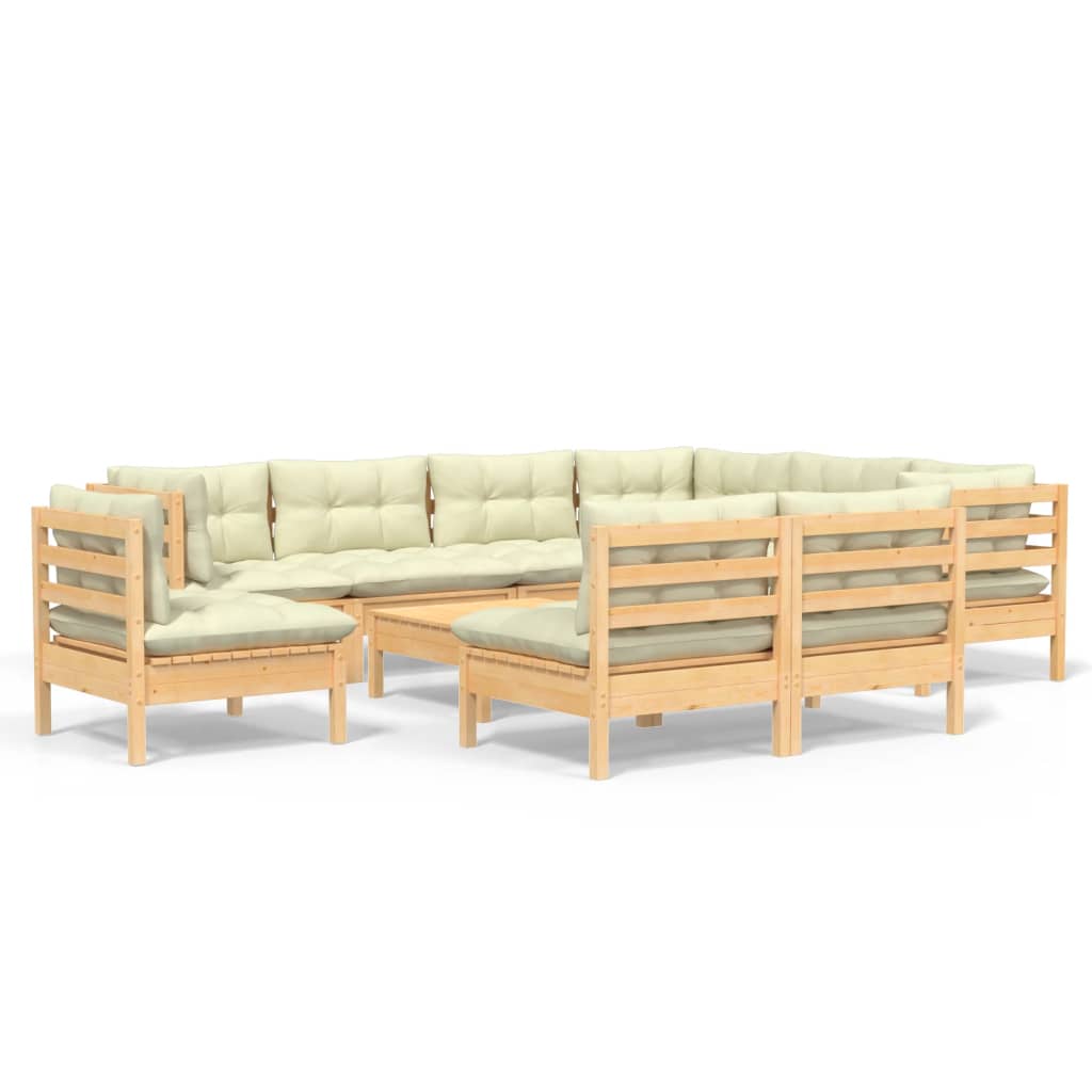 10 pcs garden furniture with solid wood pine cream cushions