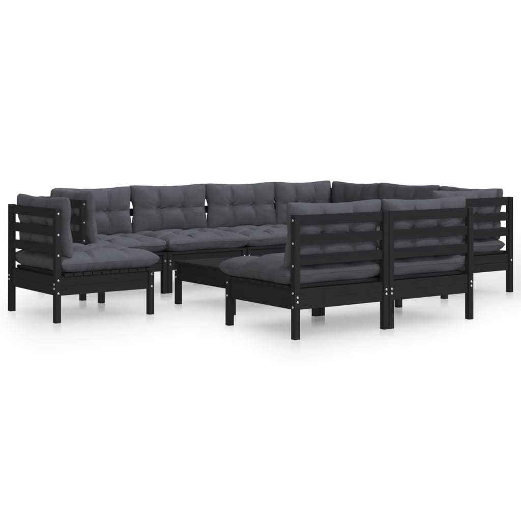 10 pcs garden furniture with black pine wood cushions