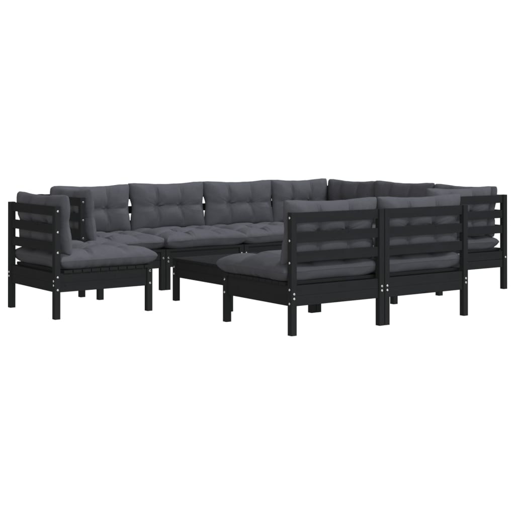 10 pcs garden furniture with black pine wood cushions