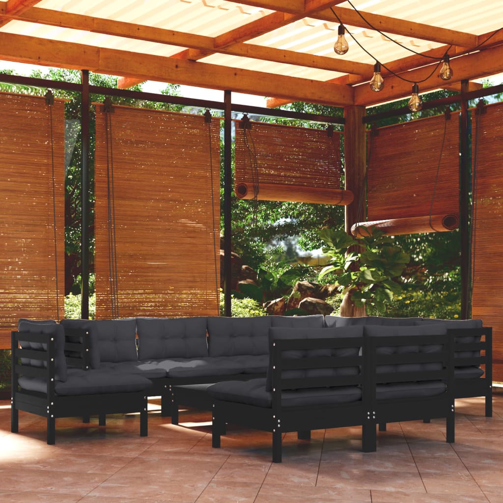 Salon de jardin 10 pcs avec coussins Noir Bois de pin solide